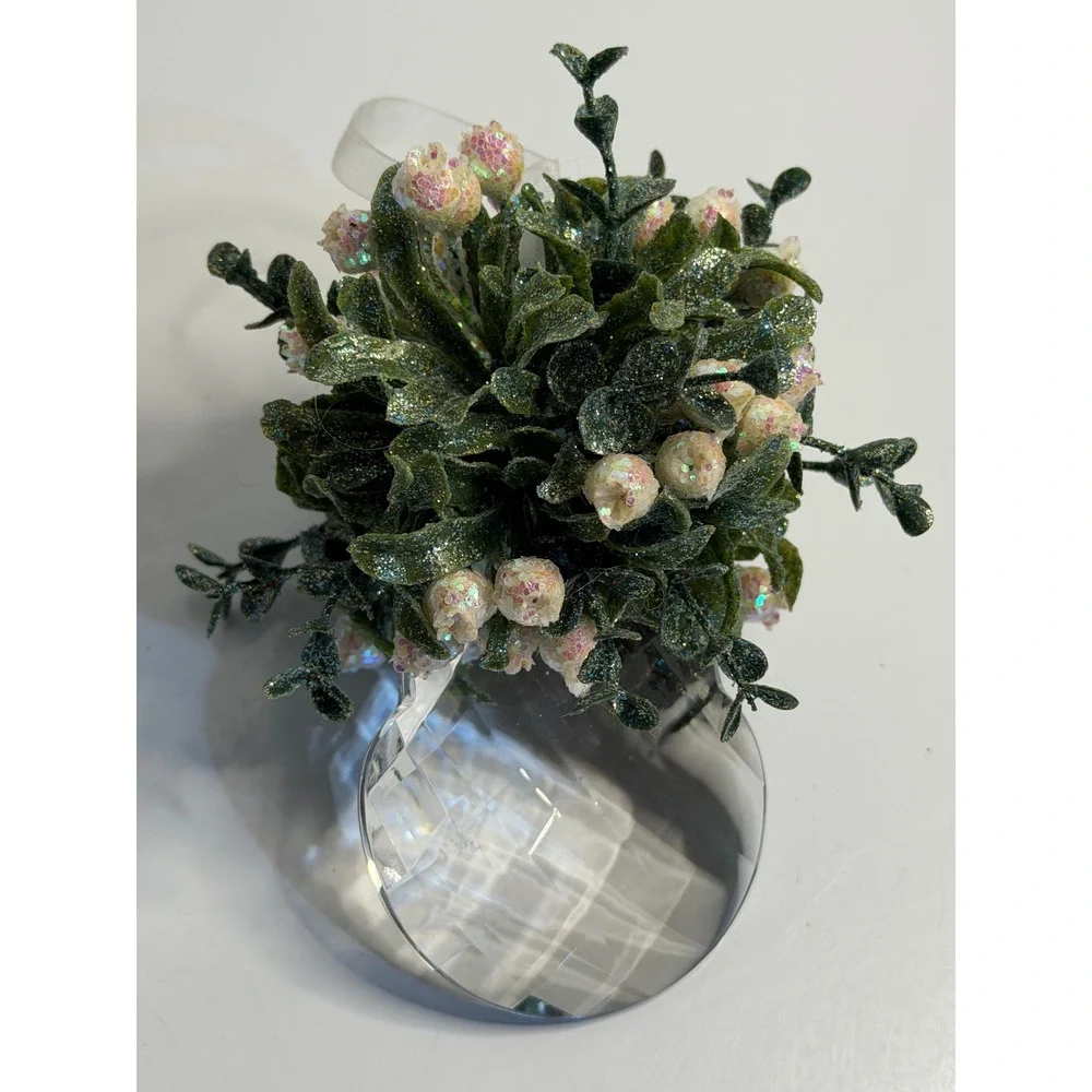 VTG‎ Crystal Mistletoe Ornament Green White Iridescent Glitter Christmas Decor